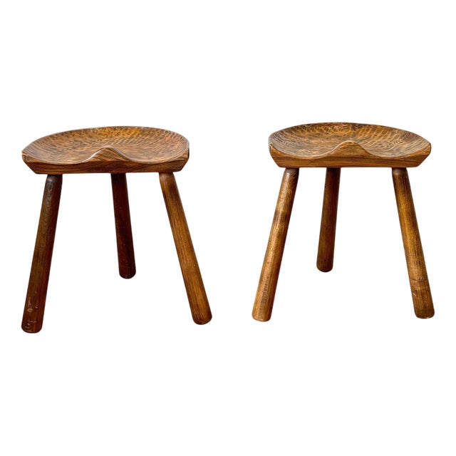 French Brutalist Artisan 3-Legged Stools, 1990s, Set of 2 For Sale