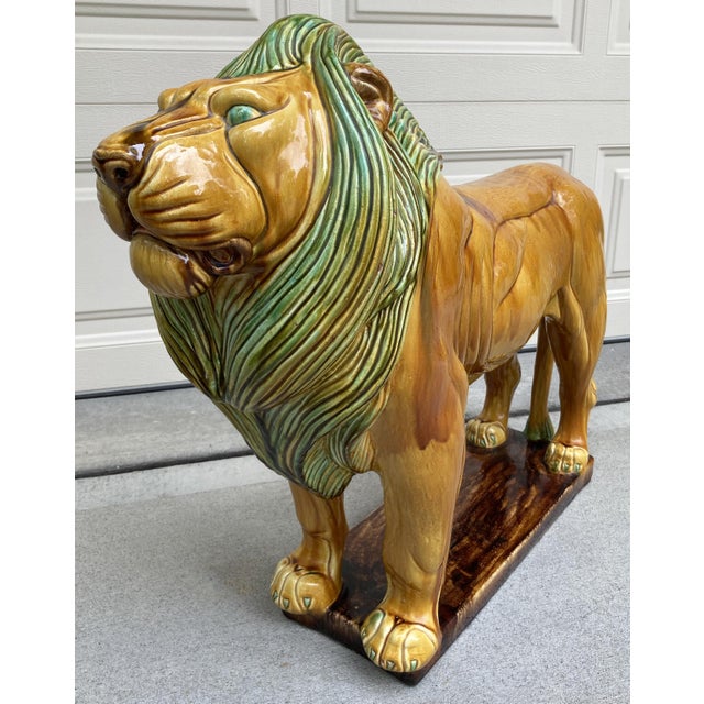 Mid 20th Century Vintage Majestic Italian Majolica Style Ceramic Lion Sculpture For Sale - Image 5 of 12