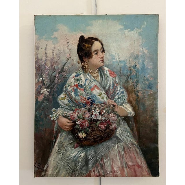 L. Rubia, Young Woman with Shawl and Basket of Flowers, Oil on Canvas, 1920s For Sale - Image 12 of 12