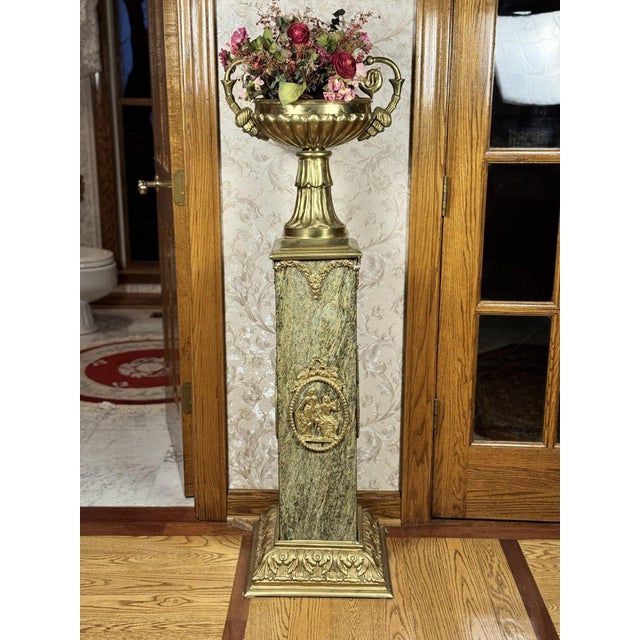 Mid 20th Century Pair of Empire Style Verde Marble and Gilt Mounted Pedestal Columns For Sale - Image 4 of 7