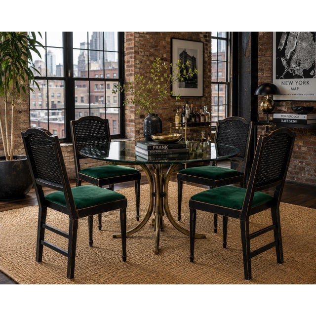 Mid 20th Century Set of Four Leg-O-Matic Collapsible Cane Back Dining Chairs in Onyx Black & Emerald Velvet For Sale - Image 4 of 4