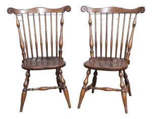 Late 20th Century Pair of Willett Solid Marbelhead Cherry Fan Back Windsor Chairs Made in Usa