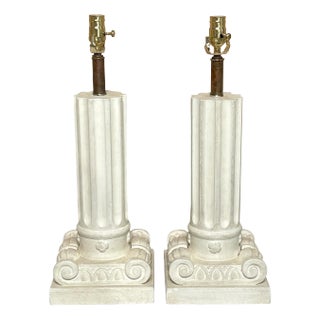 French Modern Serge Roche Style Wood & Plaster Inverted Column Lamps - a Pair For Sale