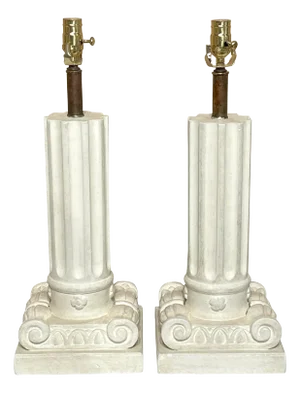 French Modern Serge Roche Style Wood & Plaster Inverted Column Lamps - a Pair