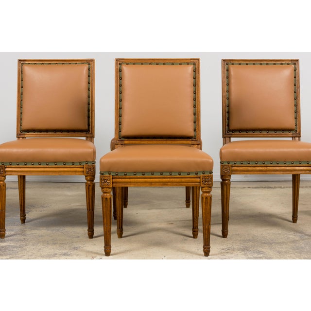 French Late 19th Century French Louis XVI Style Dining Chairs in Tan Leather, Set of 6 For Sale - Image 3 of 18