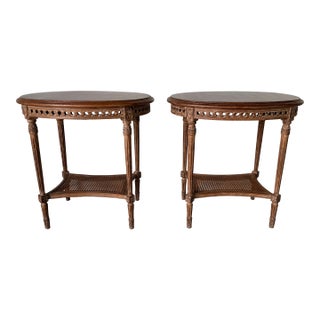 Modern Neoclassical Louis XVI Style Oval Side Tables With Cane Shelves – A Pair For Sale