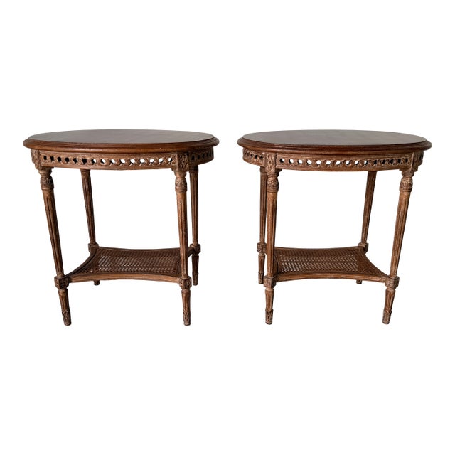 Modern Neoclassical Louis XVI Style Oval Side Tables With Cane Shelves – A Pair For Sale