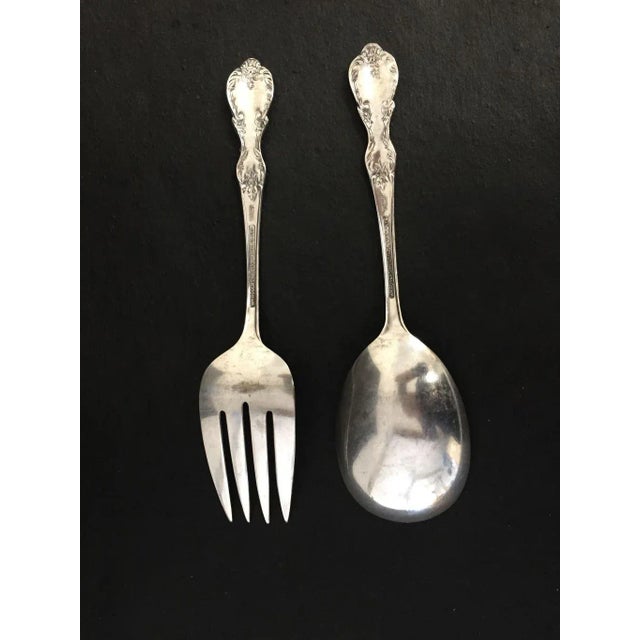 Rose Pattern Serving Utensils Fork & Spoon- A Pair For Sale - Image 4 of 5