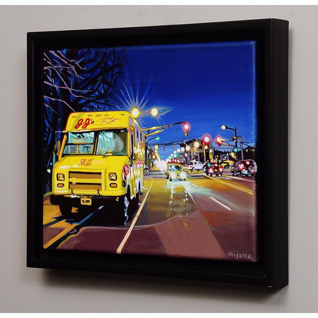 This artwork depicts a vibrant yellow hot dog truck parked on a bustling city street, illuminated by the glow of...