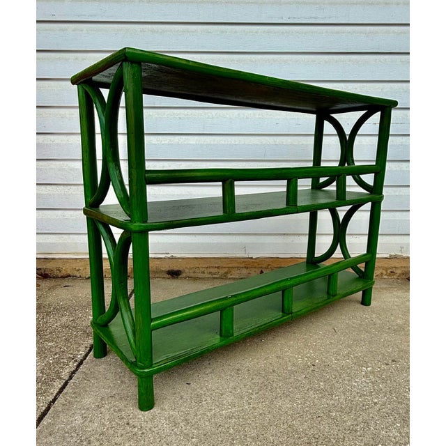 Chinoiserie Vintage Rattan Etagere Bookcase Newly Painted Green – Versatile Console & Home Decor Accent For Sale - Image 3 of 10
