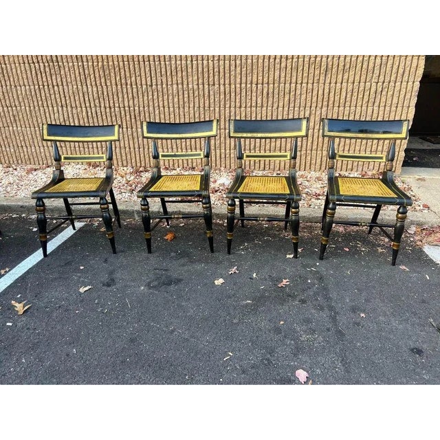 Early 20th Century Set of 4 Classical Partial Gilt and Ebonized Wood Cane Seat Dining Chairs For Sale - Image 9 of 11