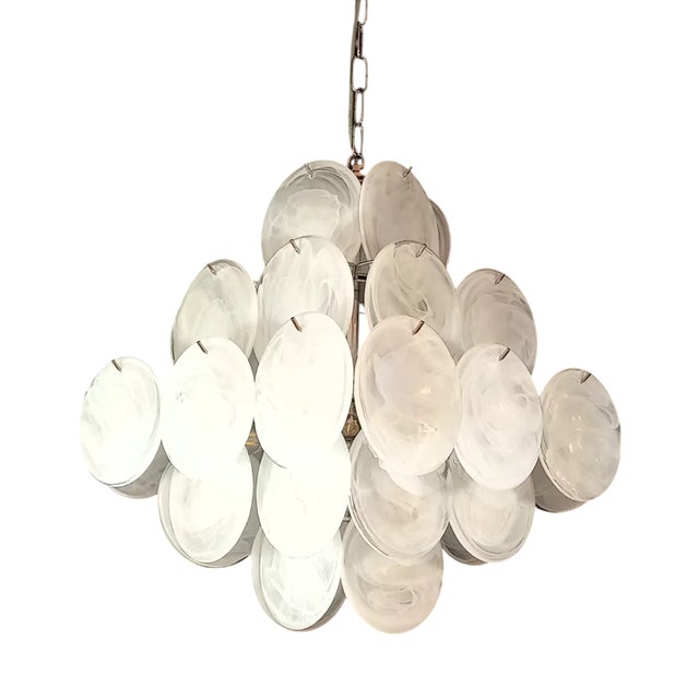 Vintage Handmade Square Iridescent Alabaster Murano Glass Discs Chandelier, 1981 For Sale