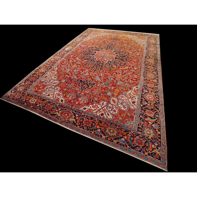 Antique Persian Heriz Carpet Handmade Wool Oriental Rug, Rust, Navy, Ivory, Gold For Sale - Image 17 of 18