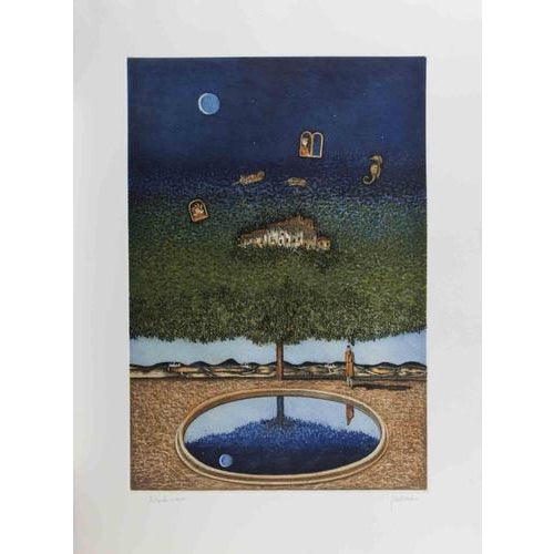 Color lithograph on paper. Hand signed. Artist Proof. Excellent condition. This poetic work by Franco Fortunato presents a...