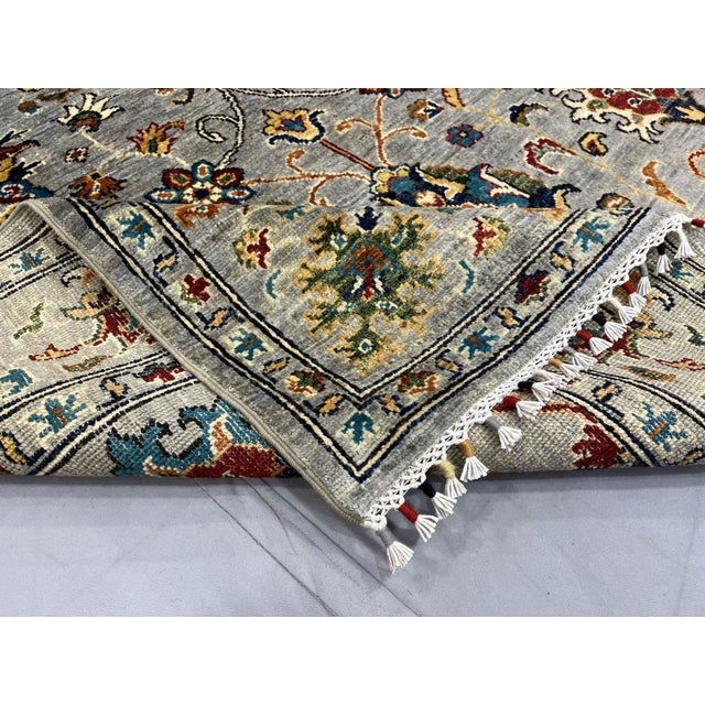 Sultani Pomegranate Floral Wool Rug in Gray, Teal and Burgundy, 5' X 6'9" For Sale - Image 14 of 15