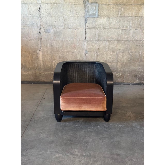 Cozy and compact! This Art Deco influenced "Lobby" club chair with a new velvet cushion is strong with a teak and rattan...