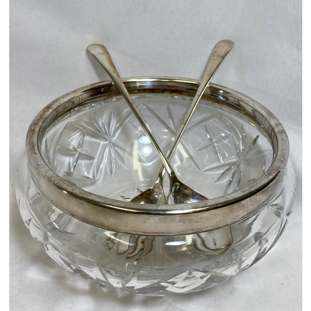 Vintage Cut Glass Salad Bowl With Silver Plate Rim and Silver Plate