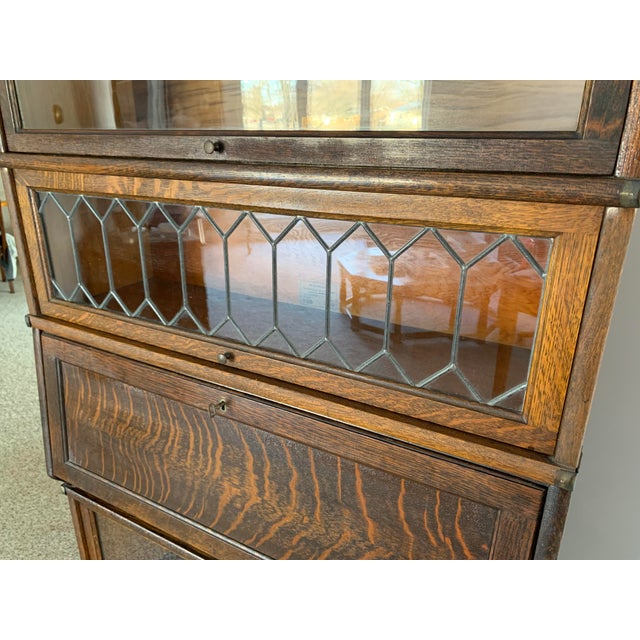 Antique Globe Wernicke Barrister Bookcase Quartersawn Oak W/ Drop Front Secretary Desk + Leaded Glass For Sale - Image 17 of 18