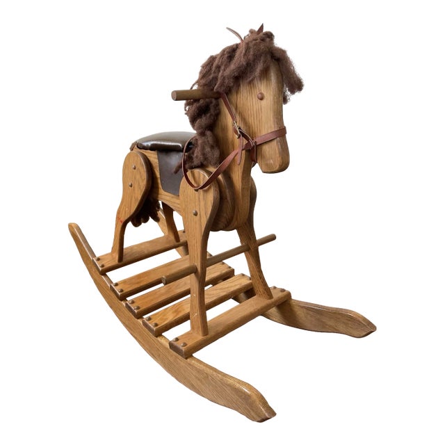 Wooden Rocking Horse Handcrafted Wood With Leather Seat Harness For Sale