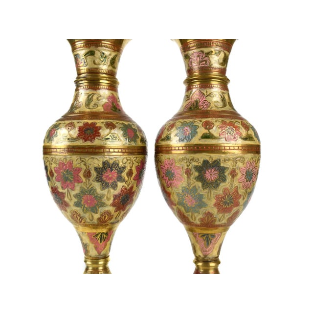 Mid 20th Century Vintage Hand Crafted Solid Brass Kashmiri Floral Enamel Motif Vase With Raffle Edges- a Pair For Sale - Image 6 of 9