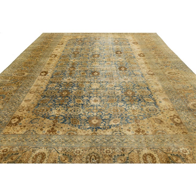 Antique Persian Tabriz Rug Muted Blue & Ochre All-Over Botanical Design For Sale - Image 9 of 10
