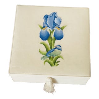 1960s Iris With Bird Embroidered Monticello Box For Sale