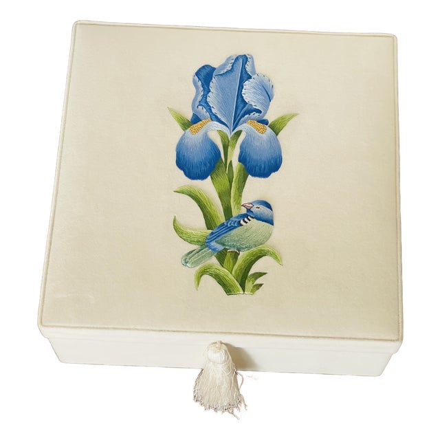 1960s Iris With Bird Embroidered Monticello Box For Sale