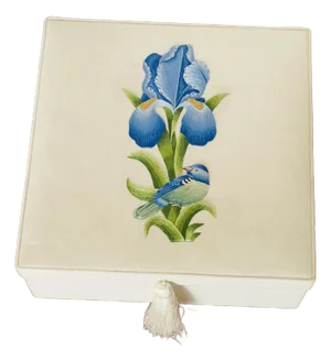 1960s Iris With Bird Embroidered Monticello Box