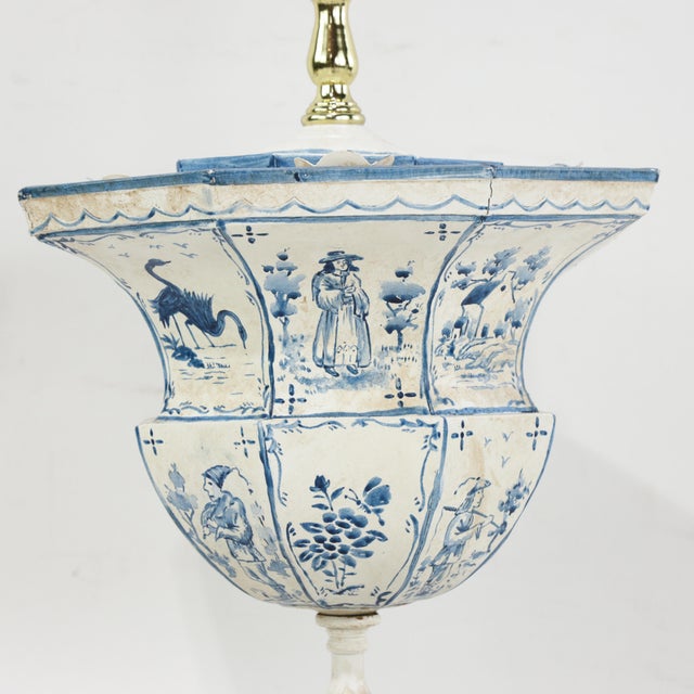 Metal Vintage Hand-Painted Dutch Blue and White Tile-Style Metal Table Lamp - Octagonal Urn With Pastoral Scenes For Sale - Image 7 of 17