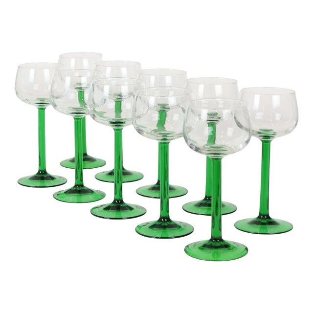Vintage Alsace Wine Glasses with Green Stems from Luminarc, 1970s, Set of 10 For Sale