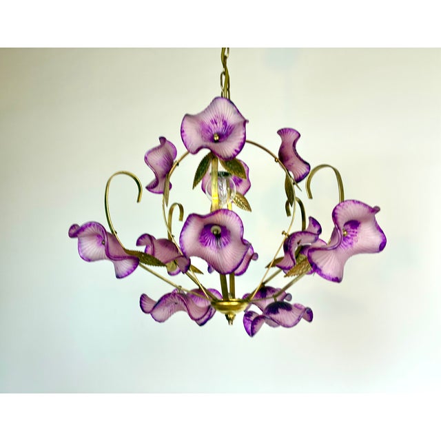 Art Deco Vintage Hand-Painted Pink Glass Flower Chandelier – One of a Kind Floral Ceiling Light For Sale - Image 3 of 14