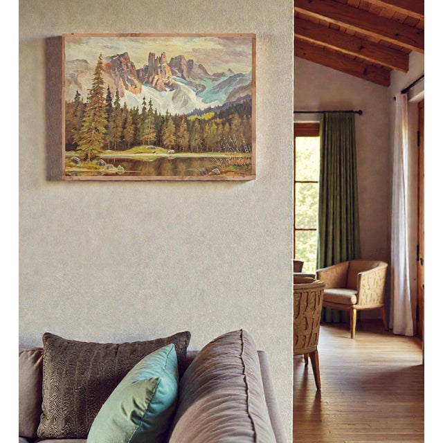 1950s Carezza Lake and Latemar, Dolomites, 1950s, Oil on Canvas For Sale - Image 5 of 15