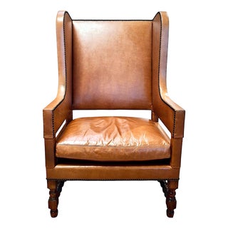 Dessin Fournir French Leather and Mahogany Wingback Chair For Sale
