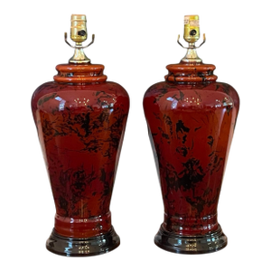 Vintage Red & Black Mottled Art Glass Table Lamps – Pair