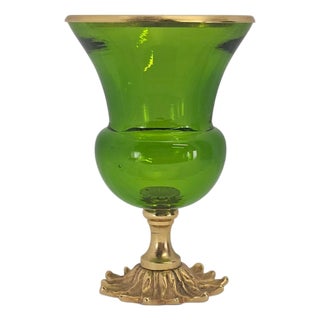 Lime Green Art Glass Vase With Gilded Floral Pedestal, Neoclassical Revival For Sale