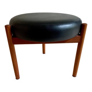 Vintage Danish Modern Round Black Leather Walnut Foot Stool For Sale