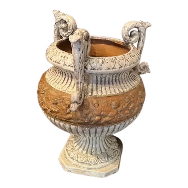 1990s Italian Hand-Painted Terra Cotta Planter With Three Handles For Sale