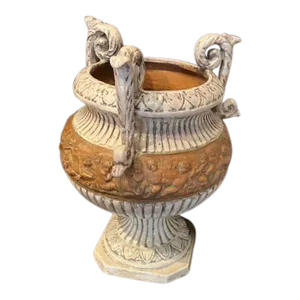 1990s Italian Hand-Painted Terra Cotta Planter With Three Handles