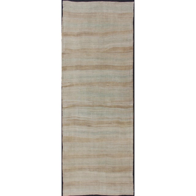 Striped Flat-Weave Vintage Turkish Kilim Wide Gallery Runner With Light Colors For Sale - Image 12 of 12