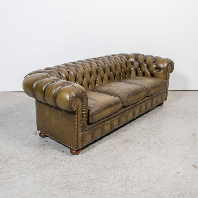 Mid 20th Century Vintage 1960s English Chesterfield Sofa in Olive Green Leather For Sale - Image 5 of 12