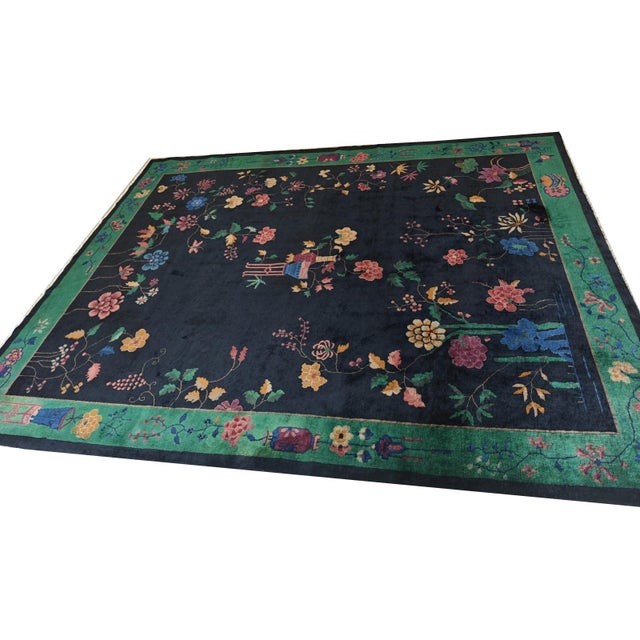 Art Deco 1920s Navy Blue Antique Floral Vase Modern Chinese Classic European Art Deco Rug For Sale - Image 3 of 6