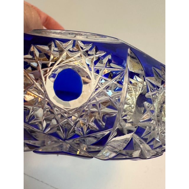 Royal Blue Mid 20th Century Bohemian Blue Cobalt Cut to Clear Two(2) Ashtrays Faceted Cut Diamond Star For Sale - Image 8 of 16