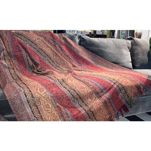 Asian Kasmir Floral Paisley Stripe Jacquard Wool Decorative Throw For Sale - Image 3 of 8