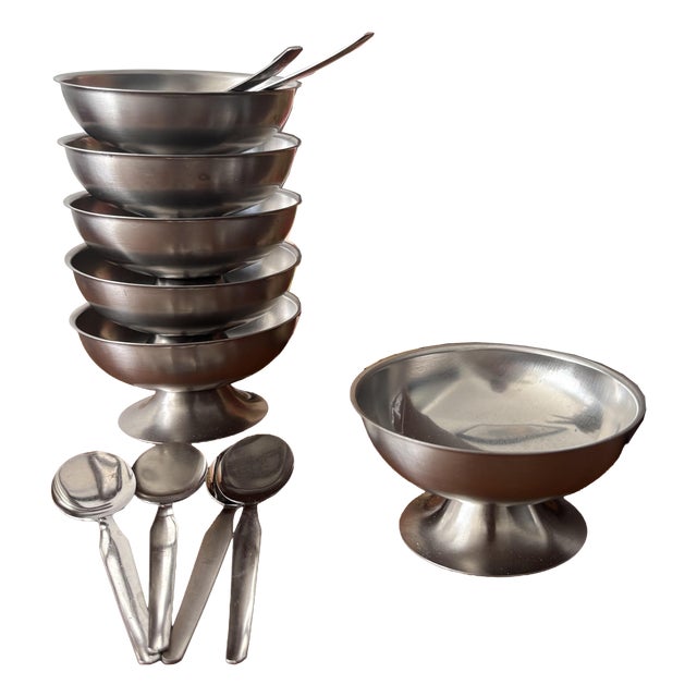 Vintage French Bistro Style Stainless Steel Ice Cream Bowls and Spoons from Jean Couzon, 1970s, Set of 12 For Sale