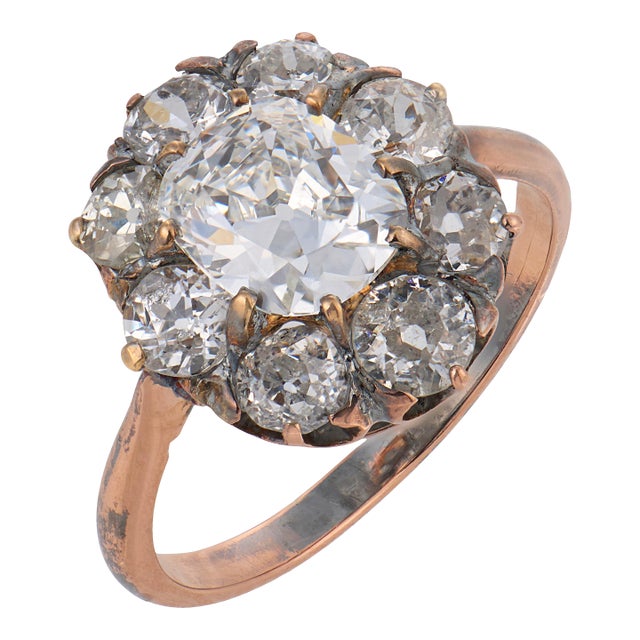 1900-1909 Victorian Gia 1.06 Carat Diamond 14k Gold and Silver Cluster Ring, Size 5.75 For Sale