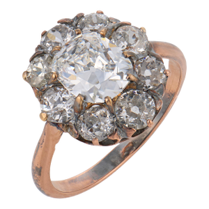 1900-1909 Victorian Gia 1.06 Carat Diamond 14k Gold and Silver Cluster Ring, Size 5.75