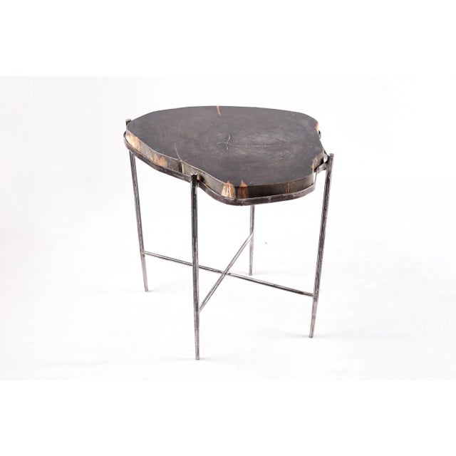 Contemporary Living Edge Petrified Wood Top W Iron Stand Accent Table or Side Table 45 For Sale - Image 3 of 5