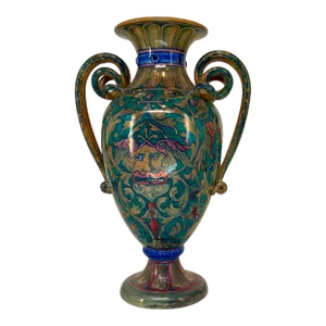 Antique Italian Majolica Lustre Urn Vase Snake Handles