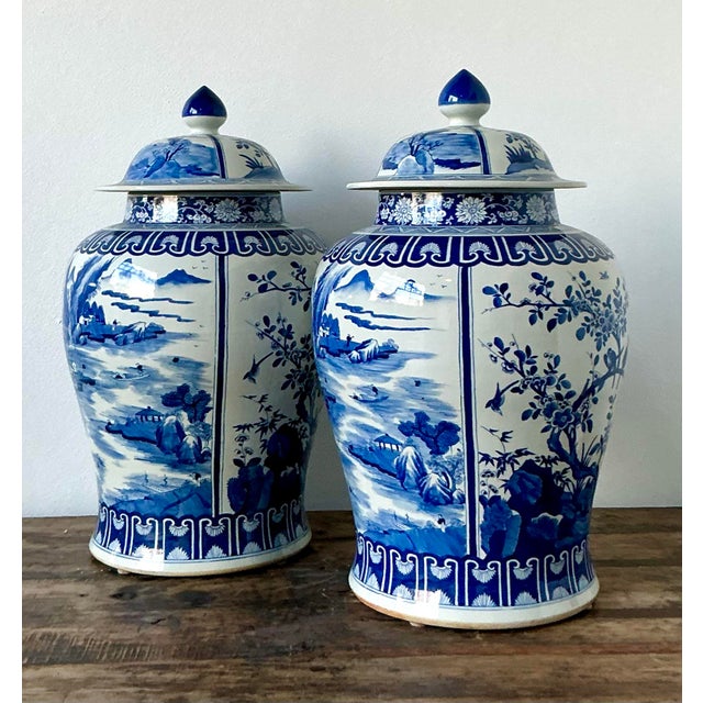 Vintage Boho Monumental Blue and White Lidded Ginger Jars - A Pair For Sale - Image 4 of 8
