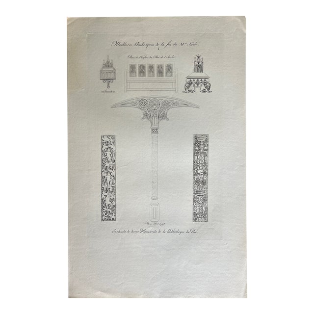 Mid 19th Century Etching Reproduction of 15th Century Furniture and Arabesques by French Artist Nicolas Xavier Willemin For Sale